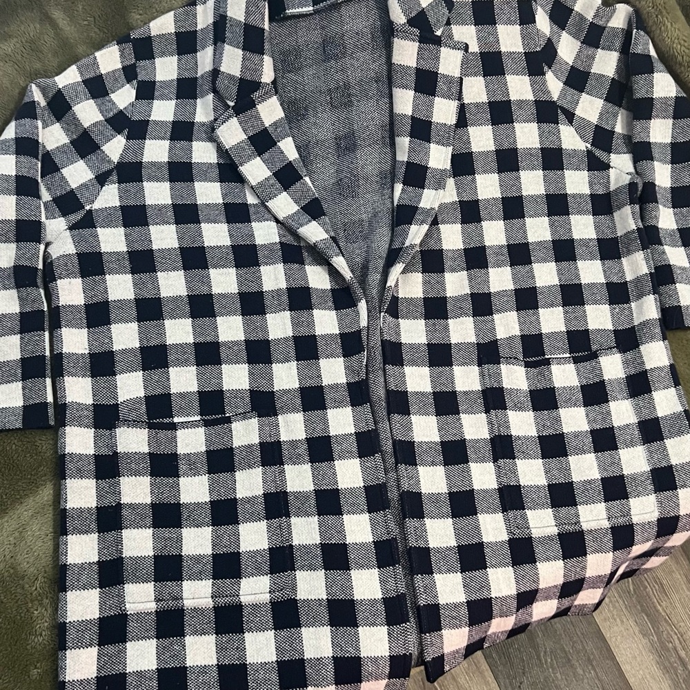 J. Crew Navy and White Gingham Check Knit Blazer